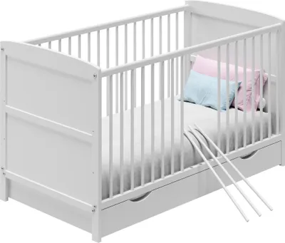 Produktbild von Babybett 60x120 umbaubar mit Schublade & Matratze Gitterbett Kinderbett höhenverstellbar & herausnehmbare Sprossen von Geburt bis 3. Lebensjahr, Weiß