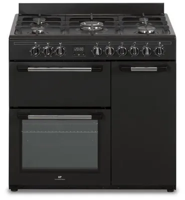 Image de Continental Edison CECP903FB : Table de cuisson à gaz de 90 cm, four combiné, 5 brûleurs, 3 fours électriques, système d'autocatalyse, grille de cuisson, couleur noire