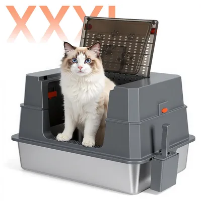 Image de Litière pour chat Peviasot XXL en acier inoxydable, 70 x 50 x 43 cm, modèle fermé avec couvercle rabattable, adaptée aux grands chats et aux foyers avec plusieurs chats, couleur gris et noir