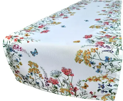 Imagen del producto de Mantel individual, blanco con flores de colores, franja decorativa, 40x140 cm, cubre-cómoda