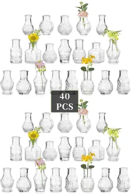 Productafbeelding van Kleine glazen vazen voor bruiloften van Glasseam: Set van 40 mini-glazen vazen, vintage bloevazen in klein formaat, geschikt voor verjaardagsfeestjes, tafeldecoratie, thuis, woonkamer, en andere decoratieve doeleinden