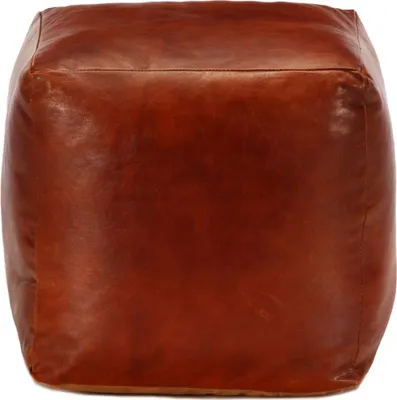 A close-up, front-facing view of a brown leather pouf.