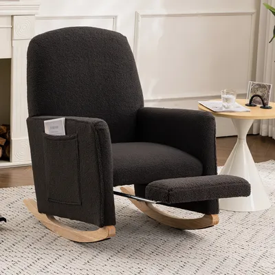 Produktbild von Schaukelstuhl Wohnzimmer mit Hocker – Relaxsessel mit Liegefunktion & hoher Rückenlehne – Dark Gray Teddy-Stoff Sessel für Innenbereich, Lesesessel
