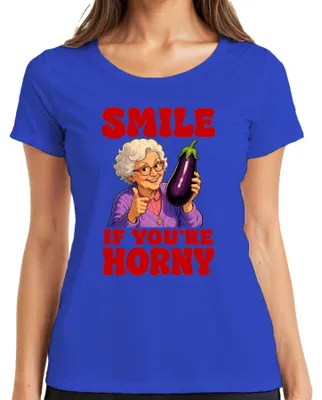 Immagine prodotto di Maglietta da donna, blu, taglia L, con scritta "Sorridi se sei eccitata", design divertente, sarcastico, con immagine di un melanzano