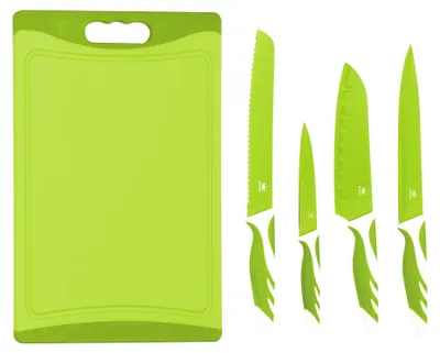 A set of kitchen knives and a cutting board, all in green and white.