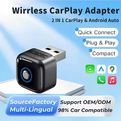Produktbild von 2-in-1-Adapter für kabelloses CarPlay und Android Auto, kabelgebundener zu kabellosem CarPlay-Adapter für iPhone, kabelloser Steuerknopf zum Umschalte