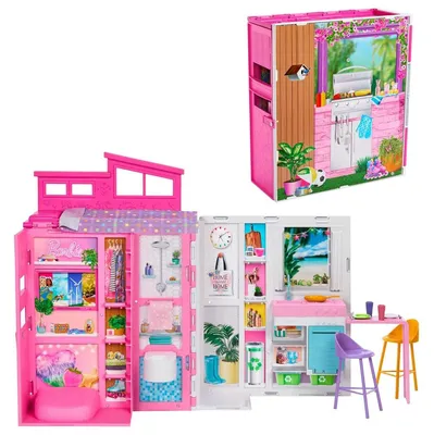Produktbild von Mattel HRJ77 - Barbie - Ferienhaus – Puppenhaus mit 4 Spielbereichen & 11 Zubehörteilen (keine Puppen enthalten)