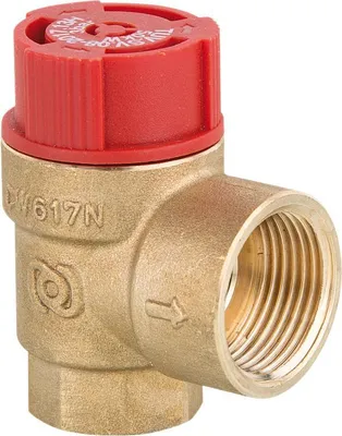 A close-up studio shot of a brass pressure relief valve with a red cap.