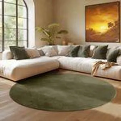A modern living room with a sectional sofa, a large arched window, and a round rug.
