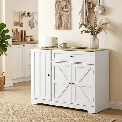 Zdjęcie produktu dla Komoda w stylu rustykalnym z drzwiami przesuwnymi, szafka kuchenna z szufladą, MDF biały | 100 x 40 x 81 cm | 17,3 kg | 2 regulowane półki