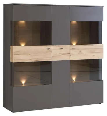 Highboard Vitrine COMO 3-trg. Optik Grau / Planked Eiche von Forte