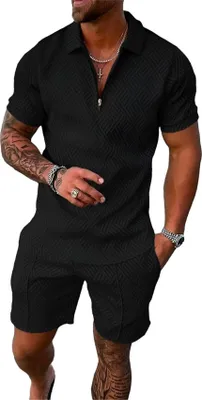 Obrázek produktu pro ASKSA Pánská letní tepláková souprava Polo tričko s krátkým rukávem a šortky Outfit Leisure Suit, černá, vel: L