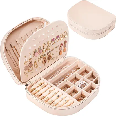 Produktbild von Tragbare muschelförmige Schmuckbox 2-lagiger Schmuckorganizer aus Kunstleder Ohrringe Kette Armband Ringhalter Box für Frauen Mädchen - Champagner
