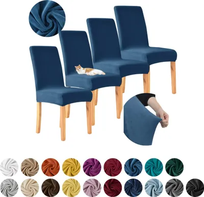 Produktbild von MEBLE ODNOWA, Stuhlhusse, Stuhlbezug, Standardgröße, Samt, Dunkelblau, 4er Set, Velours, elastisch, Stuhlbezüge, Stuhlhussen, maschinenwaschbar