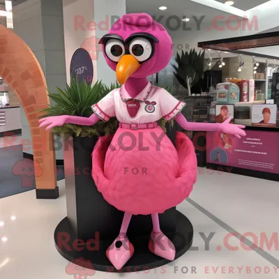 Produktbild von Magenta REDBROKOLY Flamingo Maskottchen Kostüm Charakter gekleidet mit einem Tellerrock und Brille