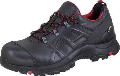 A black and red safety shoe is shown against a white background.