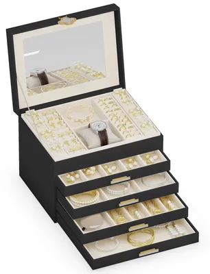 Image de Élégante boîte de rangement pour bijoux, avec miroir et 5 tiroirs, idéale pour les bagues et les boucles d'oreilles
