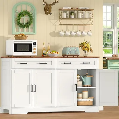 Productafbeelding van 140 cm (B) Dressoir, 80 cm (H) Keukenmeubel met werkblad, Buffetschrank met 2 lades en verstelbare planken, Keukenunit voor keuken, woonkamer en hal - 140 x 36,8 x 80 cm - Wit