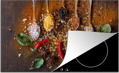 Obrázok produktu pre KitchenYeah® Kryt varnej dosky lyžica - bylinky - chilli - korenie - soľ, 90x52cm, kuchynská dekorácia, keramický kryt varnej dosky, krycia doska na varnú dosku