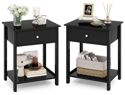 Produktbild von COSTWAY 2er Set Nachttisch, Beistelltisch mit Schublade & offenem Regal, Nachtschrank, Nachtkonsole, Sofatisch 48 x 40 x 58 cm, Schwarz