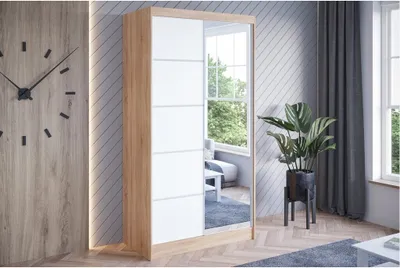 Produktbild von Easy4You N3 100 cm Sonoma/Weiß Schiebetüren Kleiderschrank 100x200x58 cm mit Spiegel - Schlafzimmermöbel, Aufbewahrung - Mehrzweckschrank