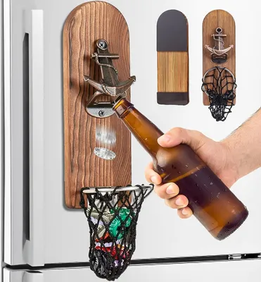 Immagine prodotto di Apribottiglie magnetico a parete con tasca in rete - Design ad ancora - Apribottiglie in legno