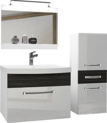 Produktbild von BELINI Badmöbel Vollausstattung Set Waschbeckenschrank, kleiner Schrank, Waschbecken, Spiegel, Lampe (Biały / Heban Royal, Glänzend und Matt)