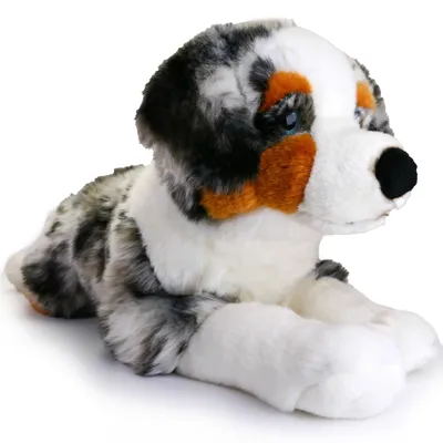Image de Chien en peluche, race Australian Shepherd, position allongée, peluche douce, type Border Collie, jouet en tissu, 60 cm