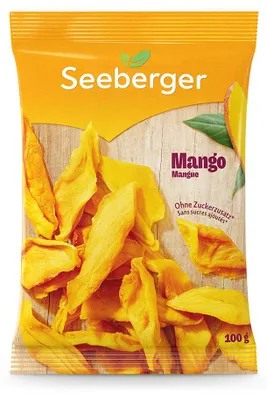 Produktbild von Seeberger Mango, 100 g, Mangostreifen, Kartoffelstärke, Antioxidationsmittel Natriummetabisulfit., CE, Deutschland, 315 kcal, 1,334 kJ