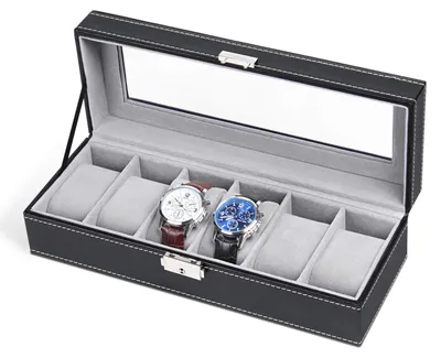 Image de Boîte à montres en similicuir, 6 compartiments, noire, cuir