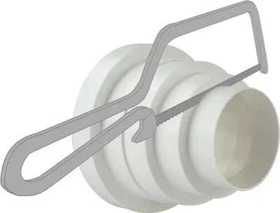 A hacksaw cutting a white plastic pipe.