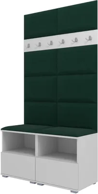 Produktbild von Garderoben-Set Nela III, Polstergarderobe mit zwei Schuhschränke, Flurmöbel Wandpaneele und Kleiderbügel (Farbe: Weiß + Trinity 28 (Flaschengrün))