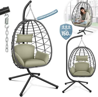 A collage of images showing a hanging egg chair with a stand, a woman sitting in a similar chair, and a weight capacity indicator.