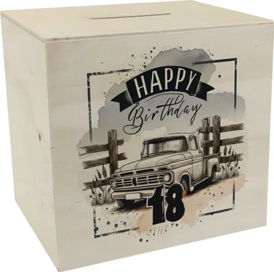 Produktbild von Happy Birthday 18 Auto Spardose aus Holz