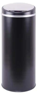 A black automatic kitchen trash can with a silver lid and trim.