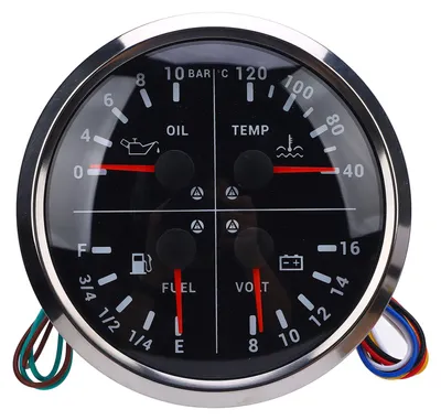 Obrázek produktu pro 4-v-1 ukazatel hladiny paliva, tlak oleje, teplota vody, voltmetr, 3/8" E 1/4" 1/2" 3/4" F, 0 až 10 bar, 40–120 °C, 8–16 V, pro obytná vozidla, jachty,