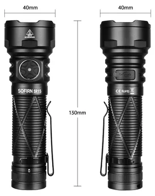 Obrázok produktu pre LED baterka – SR15 – 4500 lúmenov – LED SFT25R – 6000–6500 K, studená biela farba svetla – 21700, nabíja sa cez USB-C – vodotesná – čierna