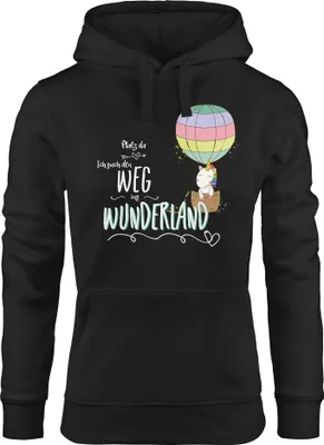 Produktbild von Kapuzen-Pullover Damen Einhorn Unicorn Platz da ich such den Weg ins Wunderland Hoodie Moonworks® schwarz S