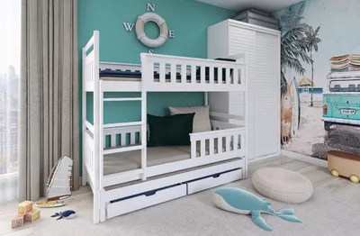 Produktbild von Hochbett 90x200 mit Ausziehbett Etagenbett zwei Schubladen, Lattenrost, Rausfallschutz, umbaubar in drei Einzelbetten, Vollholz massiv in weiss