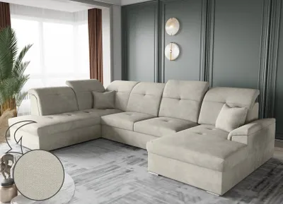 Image de Canapé d'angle avec fonction sommeil et coffre de lit, Canapé-lit, Canapé en forme de U, Canapé en forme de U BARON tissu Brooklyn beige clair droite