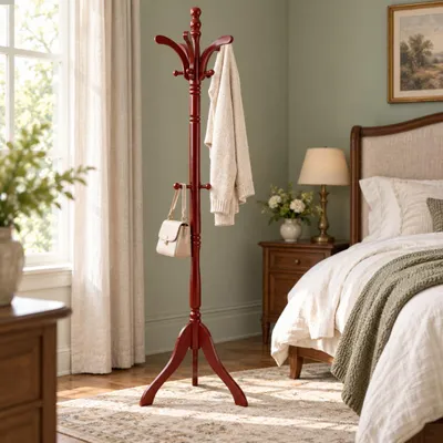 Image de WISFOR, porte-manteau en bois, 13 crochets, hauteur réglable, 124/176,5 cm, couleur marron rouge