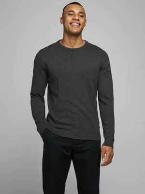 Produktbild von JACK & JONES Basic knit crew neck slim fit, heren pullover katoen met O-hals, donkergrijs melange