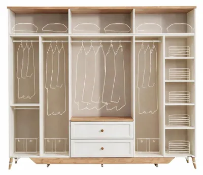 Produktbild von Moderner Kleiderschrank in Weiß mit Glasfronten und Holzverzierungen