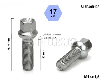 Obrázok produktu pre Skrutka kolesa M14x1,5x40 guľová skrutka R13, kľúč 17, S17D40R13F, výška 63,5 mm