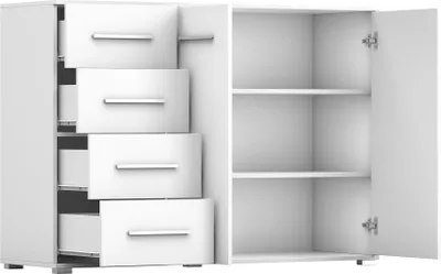 Produktbild von Schwebetürenschrank Kleiderschrank Schrank 183 cm mit einem Spiegel Kommode 135 cm zweitürig mit Schubladen Weiß/Weiß Bella 03 /Frida 01 2er-Set