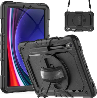 Produktbild von Mobigear SureGrip Xtreme  Samsung Galaxy Tab S9 Hülle Kunststoff,Silikon Backcover + Stifthalter + Schulterträger + Ständer - Schwarz