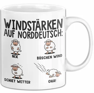 Produktbild von Schaf Tier Bauer Norddeutschland Tasse Becher Geschenk Lustige Geschenkidee Spruch Windstärken Auf Norddeutsch (Weiß)