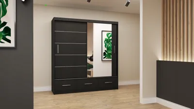 Produktbild von Easy4You Florence Schwarz Schiebetürenschrank Kleiderschrank 203x218x61 cm mit Spiegel - Schlafzimmermöbel, Aufbewahrung – Mehrzweckschrank mit 3 Schubladen und 4 Kleiderstangen