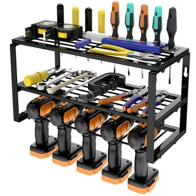 Produktbild von Werkzeugspeicher, Werkzeughalter, Wandhalterung, Werkzeugregal für 4 Elektrowerkzeug, 3 Ebenen, Werkzeugständer Garage, Werkstatt 60 x 19,5 x 20,5 cm