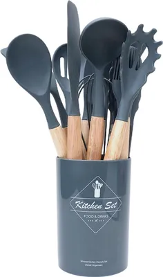 Produktbild von Silikon-Küchengeschirr-Set mit Holzgriffen, hitzebeständig, Pfannenwender, Zange, Spatel, Löffel, Bürste, Schneebesen, antihaftbeschichtete Kochutensilien